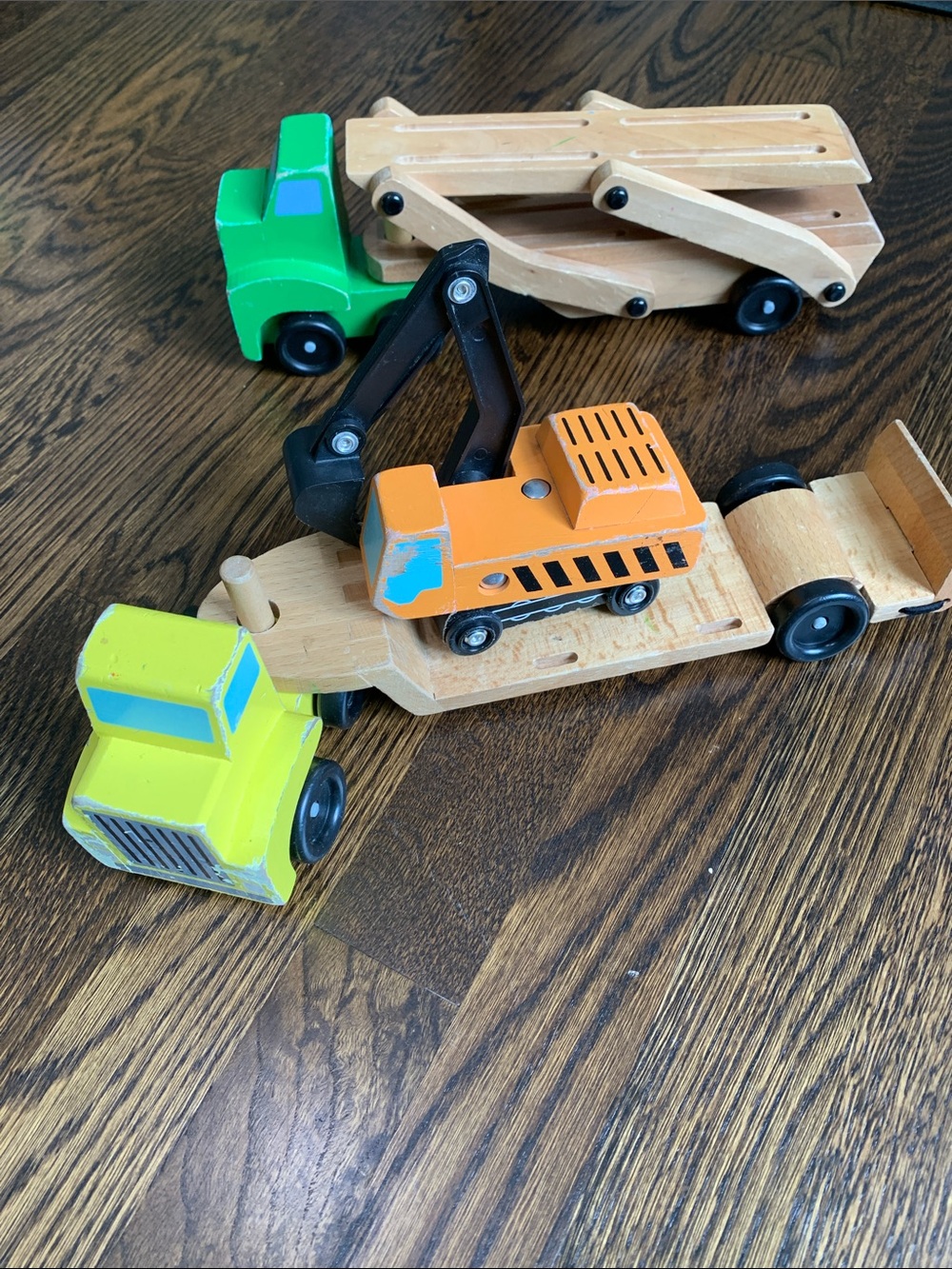 Melissa & Doug Wooden Construction Trucks in Yellow, Orange, Green, Black